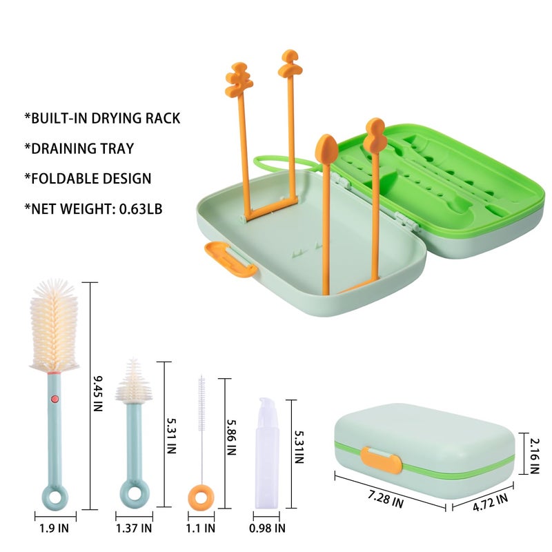 suvast 7in1 Travel Bottle Cleaner kit,Baby Essentials, with Bottle Brush、Nipple Brush、Straw Cleaner Brush、Soap Dispenser、Bottle Drying Rack、Drainage Tray、Storage Box,Baby Travel Essential (Green) - Image 3